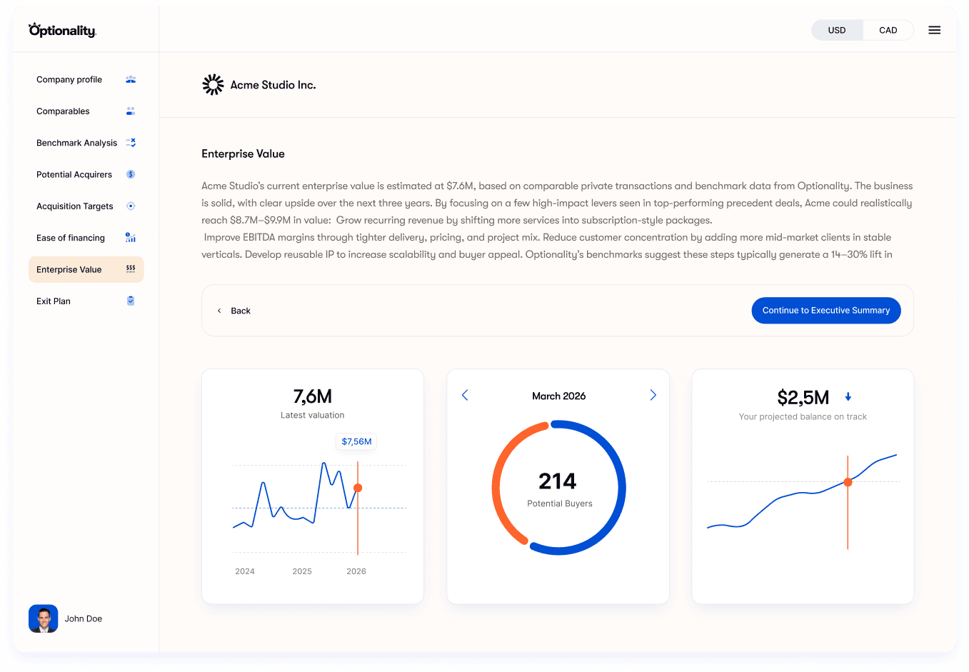 Optionality platform dashboard